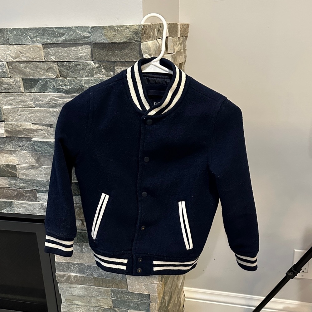 GAP Kids Dark Blue Varsity Jacket Size Small with White Stripes